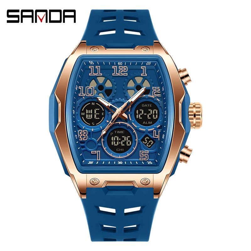 SANDA New Fashionable Men's Electronic Watch Multi functional Waterproof LED