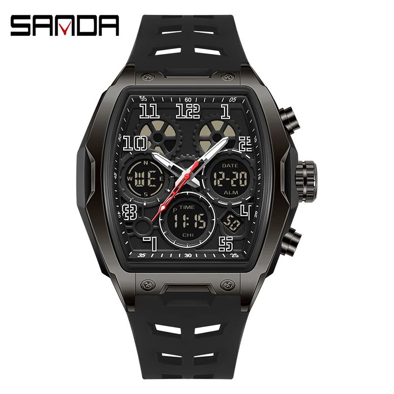 SANDA New Fashionable Men's Electronic Watch Multi functional Waterproof LED