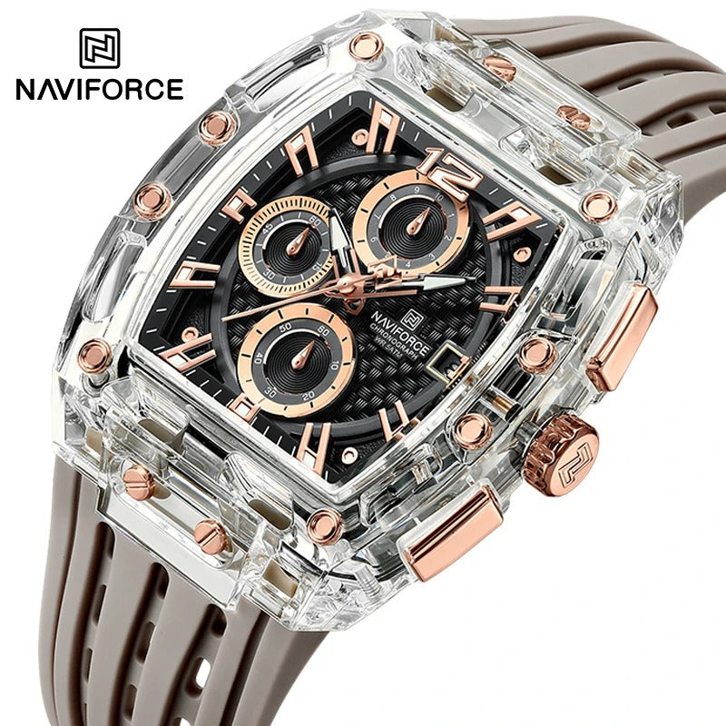 NAVIFORCE New Design Transparent Tonneau Quartz Man Watches Men Luxury Sport Waterproof Leather