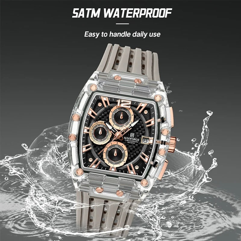 NAVIFORCE New Design Transparent Tonneau Quartz Man Watches Men Luxury Sport Waterproof Leather