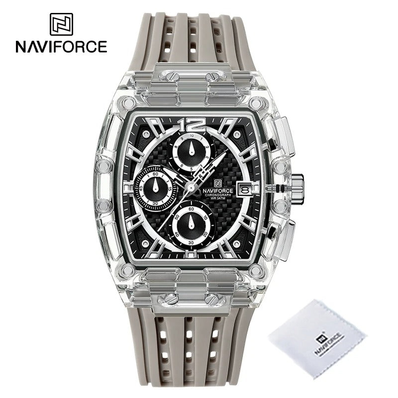 NAVIFORCE New Design Transparent Tonneau Quartz Man Watches Men Luxury Sport Waterproof Leather